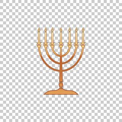 Golden Hanukkah menorah isolated object on transparent background. Religion icon. Hanukkah traditional symbol. Holiday religion, jewish festival of Lights. Flat design. Vector Illustration