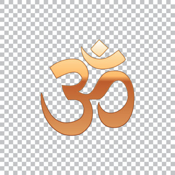 Gold Om or Aum Indian sacred sound isolated object on transparent background. Symbol of Buddhism and Hinduism religions. The symbol of the divine triad of Brahma, Vishnu and Shiva. Vector Illustration