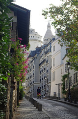 Paved street and House front with flowers in Montmartre with the basilica in the background, in Paris, France