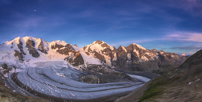 Panoramic view of Vedret Pers Glacier at sunrise, Diavolezza Refuge, Bernina Pass, Engadine, Graubunden
