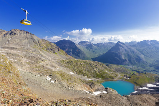 Diavolezza cableway transit above Diavolezza Lake, Bernina Pass, Engadine, Graubunden