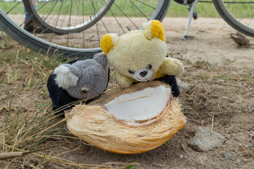 Two puppets enjoying a coconut.