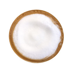 Top view of hot coffee cappuccino cup with milk foam isolated on white background, clipping path included.