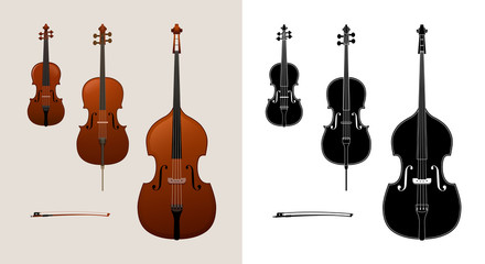 Violin, cello (violoncello) and double bass. Colored and black & white versions. High quality details. - obrazy, fototapety, plakaty