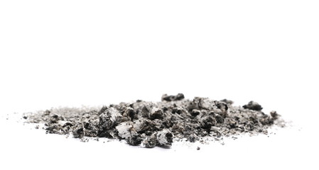 Ash pile isolated on white background, texture