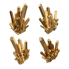 3d render, digital illustration, abstract gold crystals, perspective view, golden nugget, esoteric design element, isolated on white background