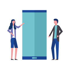 business man and woman with smartphone