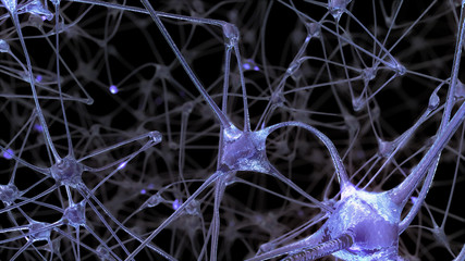 3D rendering of a network of neuron cells and synapses in the brain through which electrical impulses and discharges pass