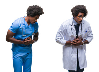 Collage of african american young surgeon, nurse, doctor man over isolated background with hand on stomach because indigestion, painful illness feeling unwell. Ache concept.