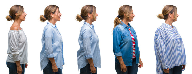 Collage of middle age hispanic woman over isolated background looking to side, relax profile pose...