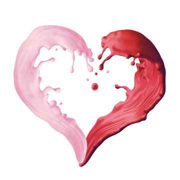 3d render, liquid pink red splash, mixed fruit yogurt drink, heart shape splashing, paint, isolated on white background