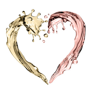 3d Render, Digital Illustration, Abstract Champagne Wave, Heart Shape, Liquid Splashing Set, Design Elements Isolated On White Background