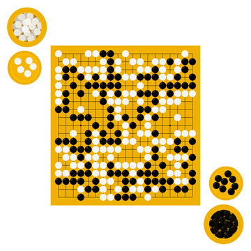 Vector illustration of goban and bowls with stones in flat style. Go board game equipment. Template for presentation baduk positions. Weiqi, igo poster.