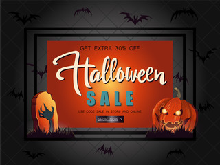 Halloween Sale vector illustration with pumpkin and orange backg