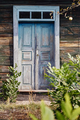Green wooden wall with blue door