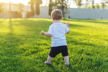 Cute baby runs on a green lawn playing catch-up in nature on a Sunny day. Concept one-year-old child and first steps