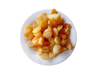 Fried potatoes on the plate on a white background