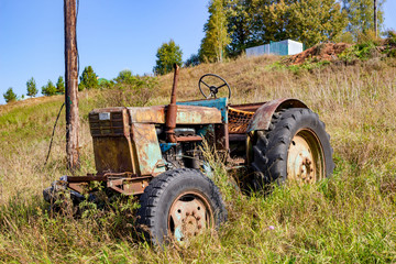 Malomakhovo, Russia - September 2018: Old Soviet tractor - Farm in the countryside