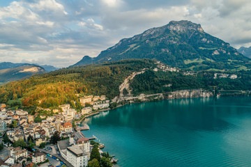 Fototapeta na wymiar Swiss Mountain Lake nature Drone aerial photo panorama