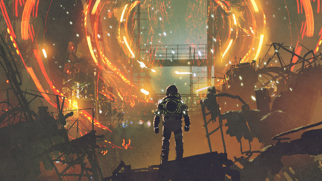 sci-fi scene of the astronaut looking at the futuristic portal, digital art style, illustration painting