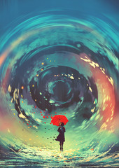 girl with red umbrella makes a swirling water in the sky, digital art style, illustration painting © grandfailure