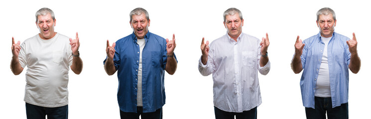 Collage of senior hoary man over white isolated backgroud shouting with crazy expression doing rock symbol with hands up. Music star. Heavy concept.