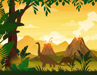 Vector illustration of beautiful prehistoric landscape and dinosaurs. Tropical trees and plants, mountains with volcano in flat cartoon style. © Natalia