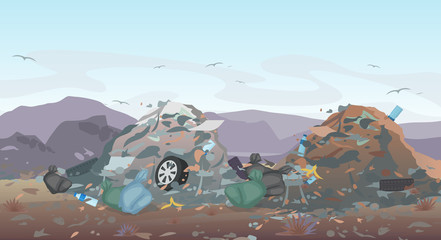 Fototapeta na wymiar Vector illustration of landfill landscape with waste. Garbage dump background. Concept of Pollution Environment.