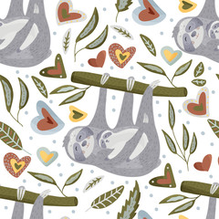 Naklejka premium Seamless pattern with sloths in flat style.