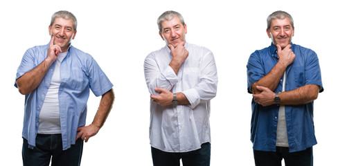 Obraz premium Collage of senior hoary man over white isolated backgroud looking confident at the camera with smile with crossed arms and hand raised on chin. Thinking positive.