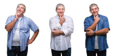 Obraz premium Kolaż starszego sędziwego mężczyzny na białym tle odizolowane pewnie patrząc w kamerę z uśmiechem ze skrzyżowanymi rękami i ręką uniesioną na brodzie. Myśl pozytywnie.