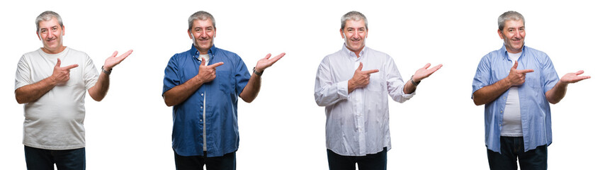 Collage of senior hoary man over white isolated backgroud amazed and smiling to the camera while presenting with hand and pointing with finger.