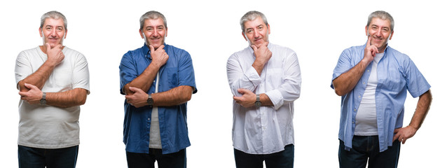 Collage of senior hoary man over white isolated backgroud looking confident at the camera with smile with crossed arms and hand raised on chin. Thinking positive.