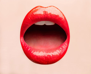 Red lip. Lip care and beauty. Sexy lips. Close up of sexy plump soft lips with red ipstick....