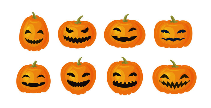 Halloween symbol. Set of funny pumpkins. Cartoon vector illustration