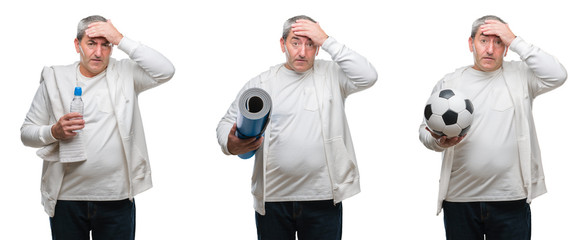 Collage of senior hoary fitness man holding yoga mat and soccer ball over white isolated backgroud stressed with hand on head, shocked with shame and surprise face, angry and frustrated