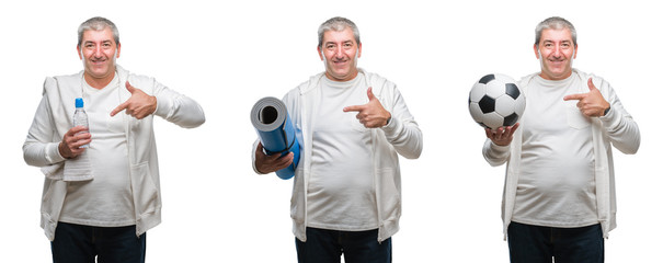 Fototapeta premium Collage of senior hoary fitness man holding yoga mat and soccer ball over white isolated backgroud very happy pointing with hand and finger