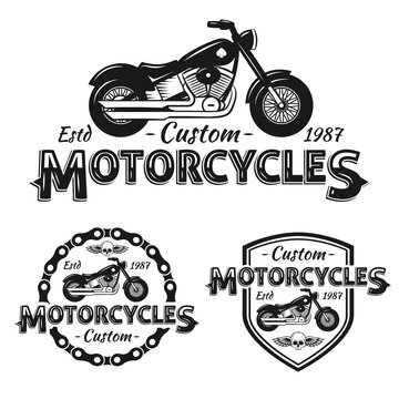 Custom motorcycles shop Badge or Label With skull, wings and chain. Vintage Biker club design