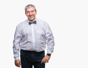 Handsome senior man wearing bow tie over isolated background with a happy and cool smile on face. Lucky person.