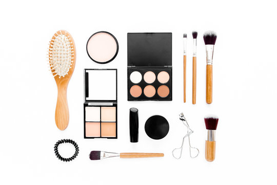 Professional makeup tools. Makeup tools brushes. Flat composition. magazines, social media. Top view. Flat lay.