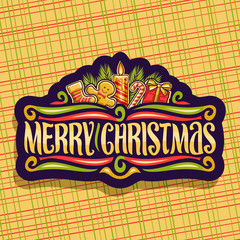 Vector logo for Merry Christmas holiday, dark sticker with kids sock, cute gingerbread man, festive burning candle, candy cane, gift box and original brush typeface for wish message merry christmas.
