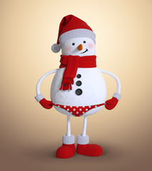 3d render, funny snowman cartoon character wearing panties, bikini, digital illustration, Christmas holiday clip art