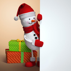 3d render, funny snowman cartoon character, gift boxes, holding blank banner, looking out the corner, hiding behind the wall, waving hand, white page, digital illustration, Christmas holiday clip art