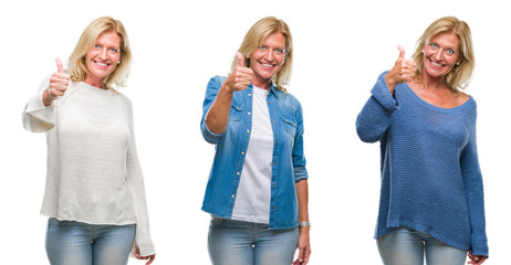 Obraz premium Collage of beautiful middle age blonde woman over white isolated backgroud doing happy thumbs up gesture with hand. Approving expression looking at the camera with showing success.