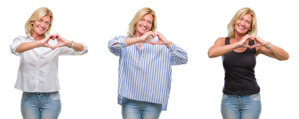 Collage of beautiful middle age blonde woman over white isolated backgroud smiling in love showing heart symbol and shape with hands. Romantic concept.