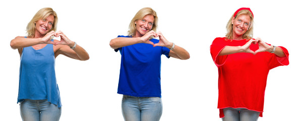 Collage of beautiful middle age blonde woman over white isolated backgroud smiling in love showing heart symbol and shape with hands. Romantic concept.