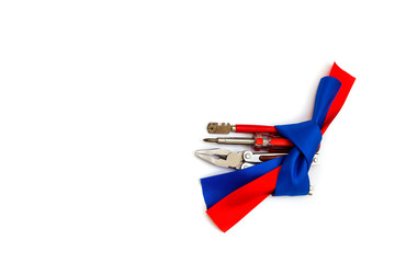 Pliers screwdriver metal pliers screwdriver cutter flag red blue white ribbon bow postcard...