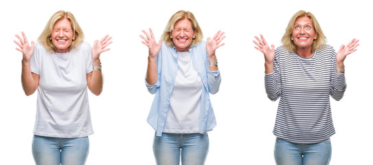 Collage of beautiful middle age blonde woman over white isolated backgroud celebrating mad and crazy for success with arms raised and closed eyes screaming excited. Winner concept