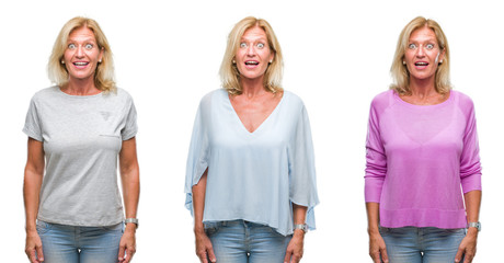 Fototapeta premium Collage of beautiful middle age blonde woman over white isolated backgroud afraid and shocked with surprise expression, fear and excited face.