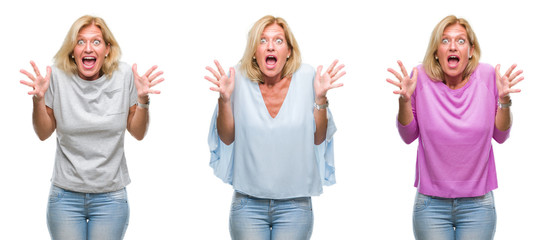 Obraz premium Collage of beautiful middle age blonde woman over white isolated backgroud celebrating crazy and amazed for success with arms raised and open eyes screaming excited. Winner concept